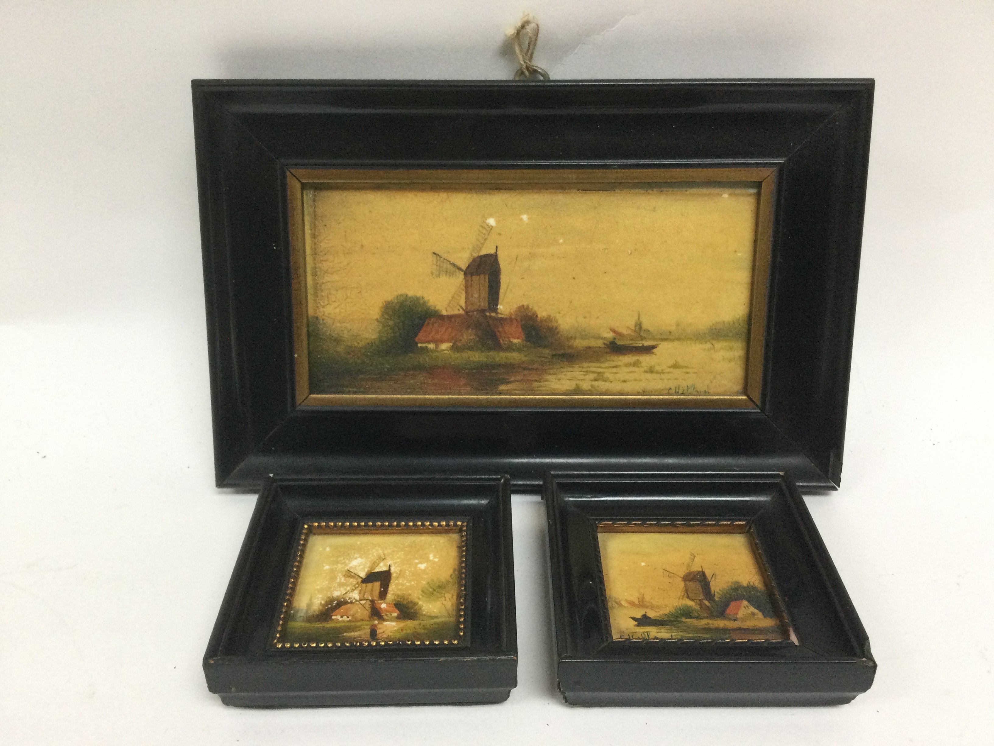 Three miniature oil paintings on ceramic tiles and