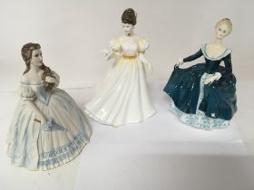 Two Royal Doulton figure of ladies and one other Continental figure (3)