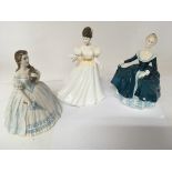 Two Royal Doulton figure of ladies and one other Continental figure (3)