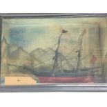 A cased model of a sailing ship, approx 32cm x 48c