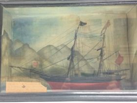 A cased model of a sailing ship, approx 32cm x 48c