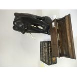 A carved ebony elephant an oak pen tray a porcupine quill box (3)