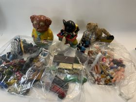 A collection of vintage childrens toys mostly playworn to include Mickey Mouse Puppet etc.