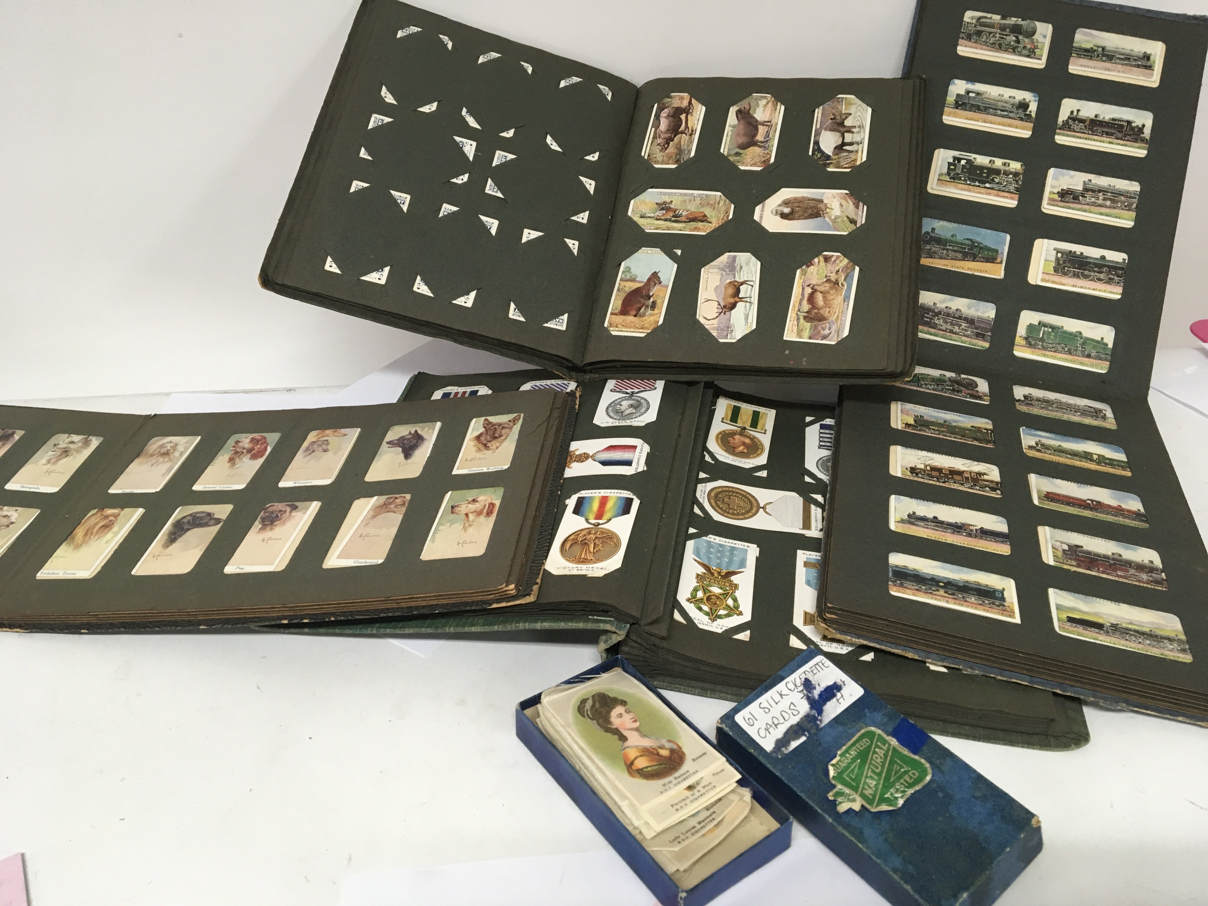 A box containing vintage cigarette cards in albums