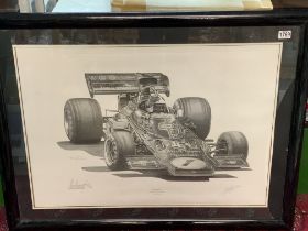 Peter Ratcliffe pencil signed Formula 1 print, additional signature from Emerson Fittipaldi. 96cm