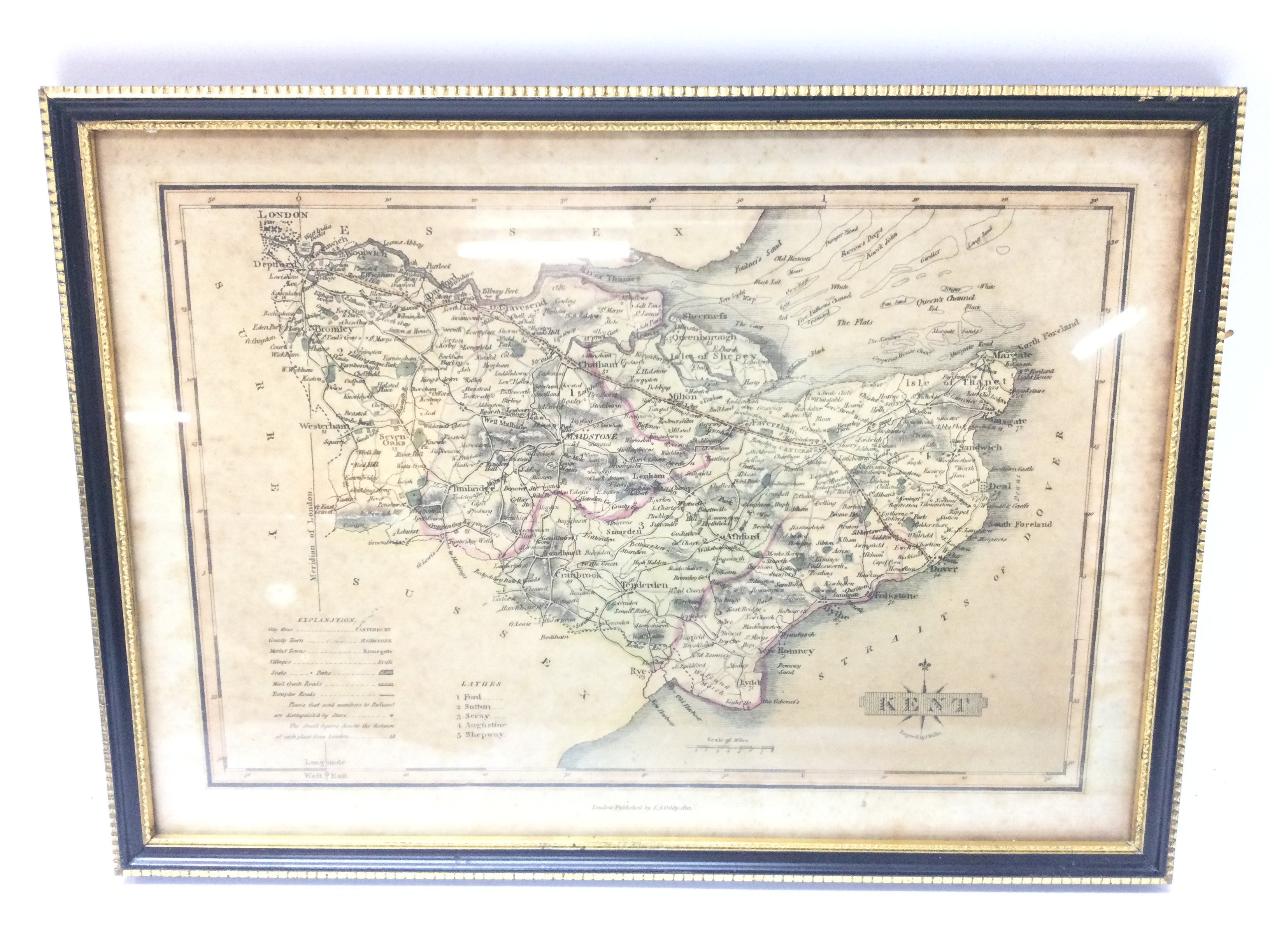 A Framed 1812 Hand Coloured Map Of Kent by S.A. Od