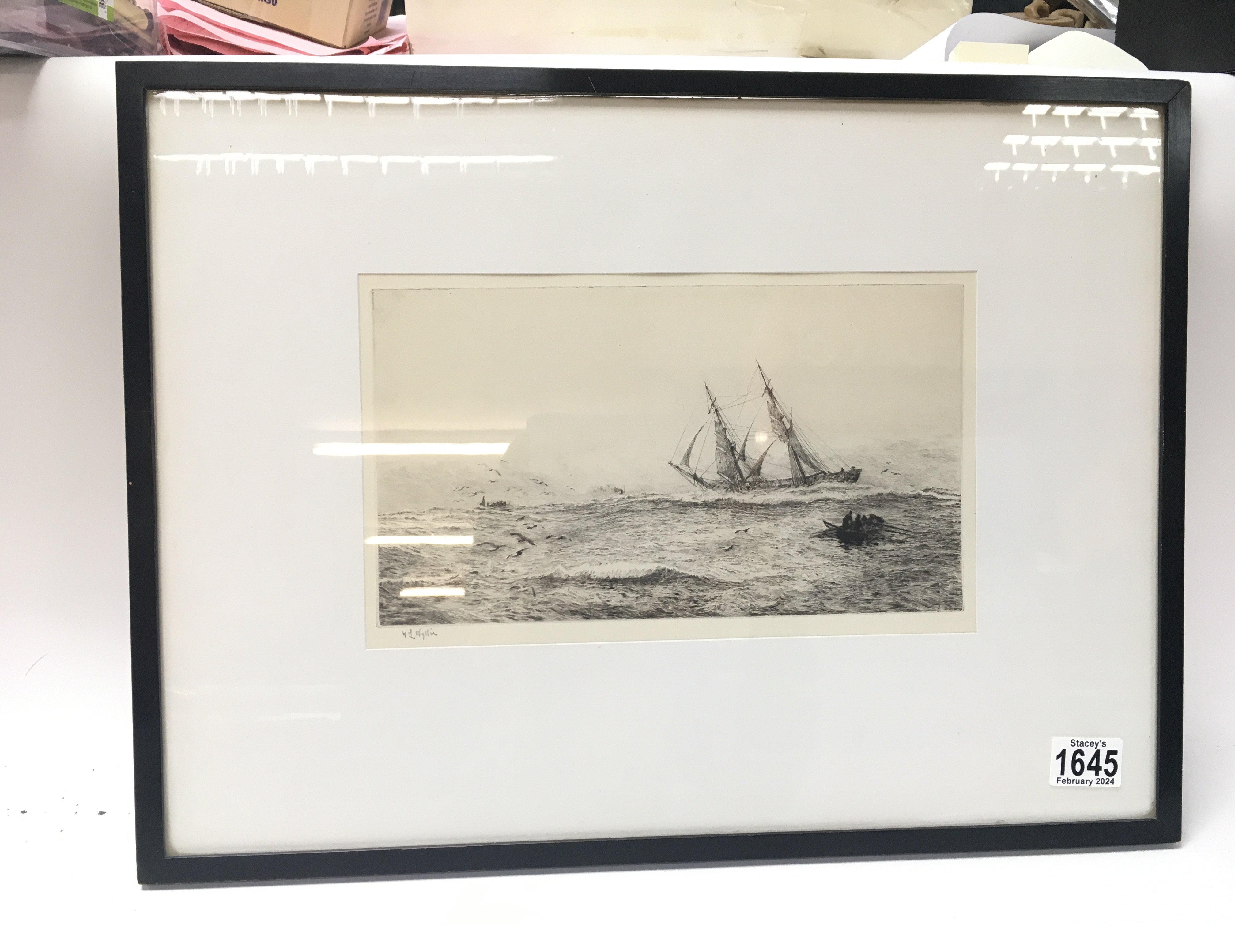 A framed wylie engraving - 2 mask sailing ship in