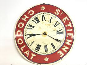 An enamel French St. Etienne Chocolat wall clock,