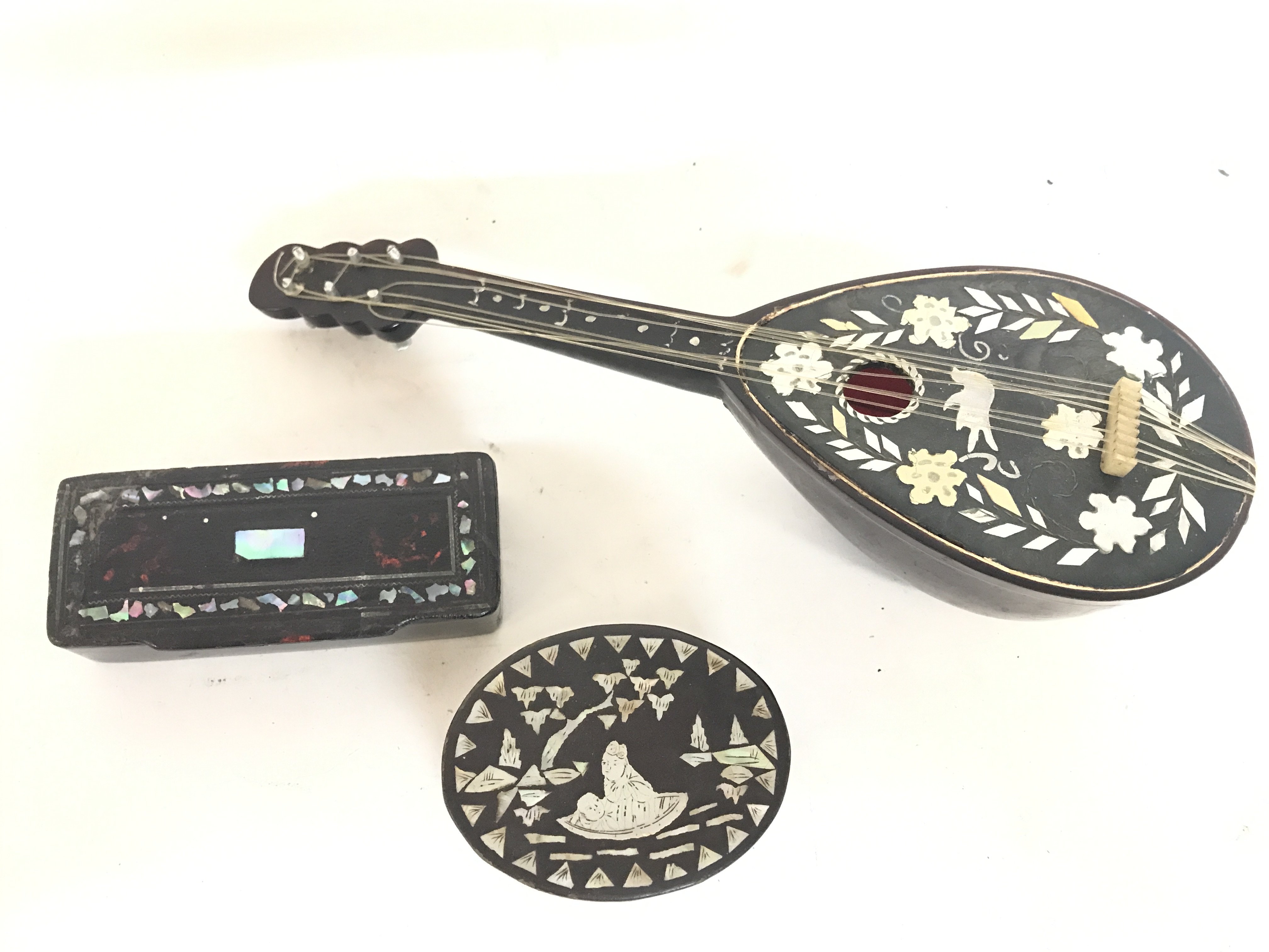 Miniature mandolin with music box, inlaid with mot