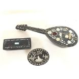 Miniature mandolin with music box, inlaid with mot