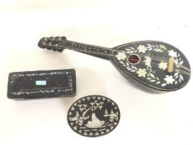 Miniature mandolin with music box, inlaid with mot