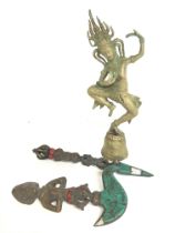Oriental brass figure bell and two old bronze and