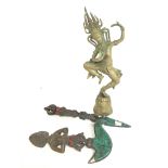 Oriental brass figure bell and two old bronze and