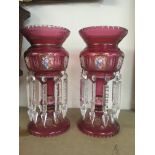 A pair of Victorian style cranberry lustres with f