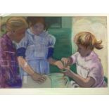 A framed and glazed pastel painting of children by