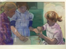 A framed and glazed pastel painting of children by