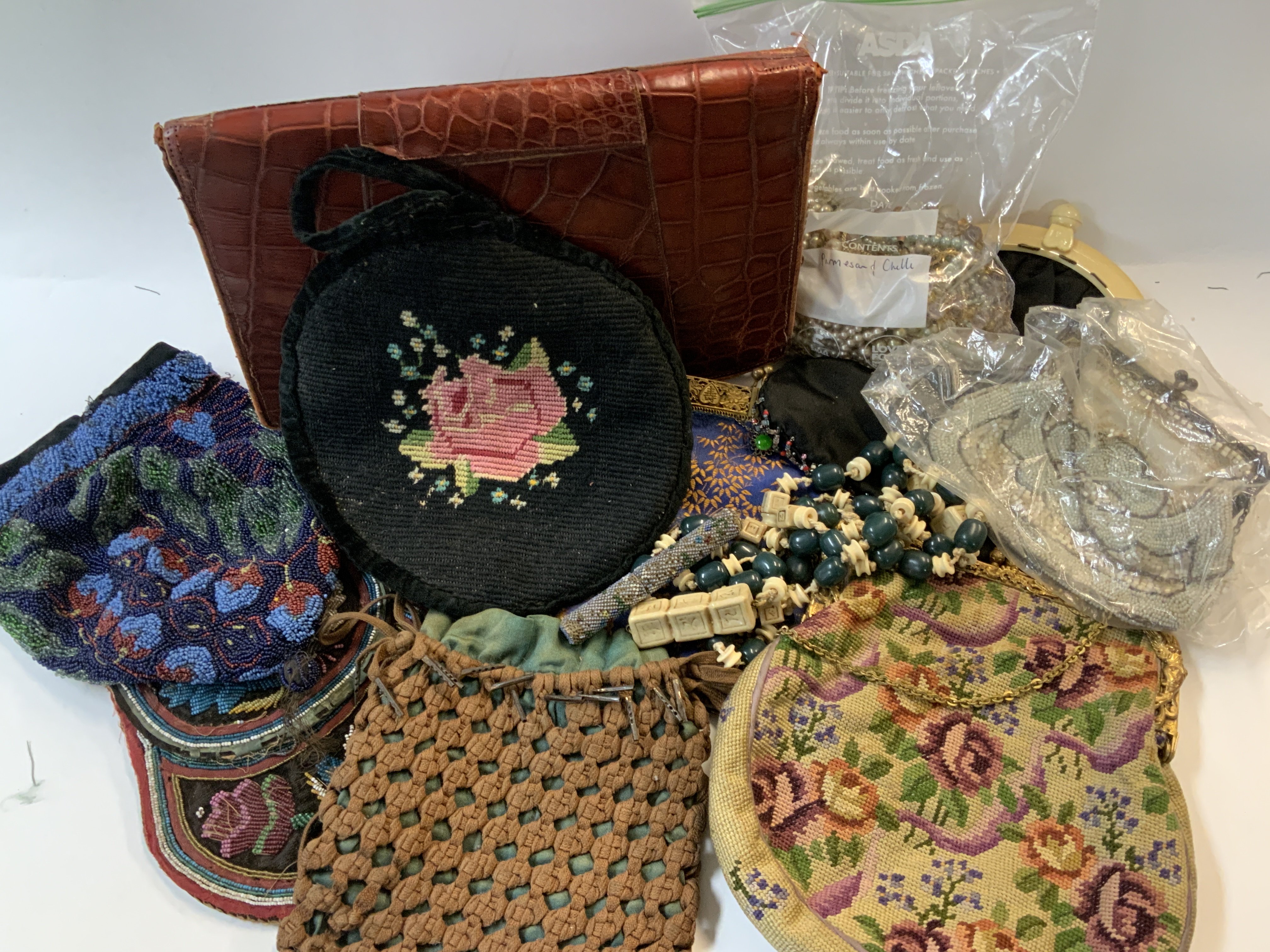 A selection of vintage bags and vintage beaded jewellery. (B)