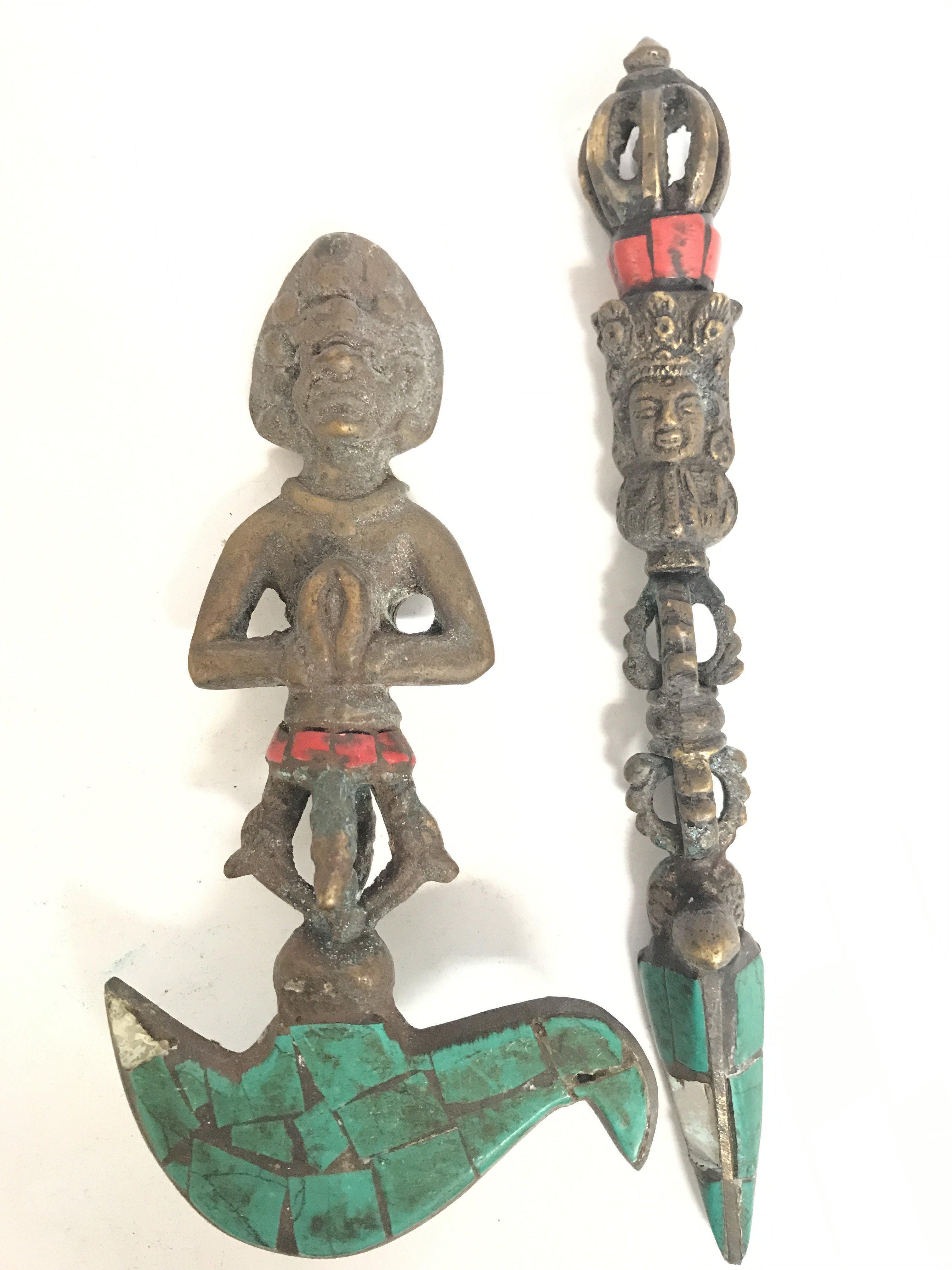 Oriental brass figure bell and two old bronze and - Image 2 of 2