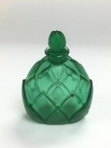 A Lalique green glass perfume bottle, signed R Lal