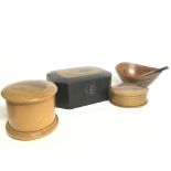 Treen/ Mauchline ware items including containers,