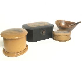 Treen/ Mauchline ware items including containers,