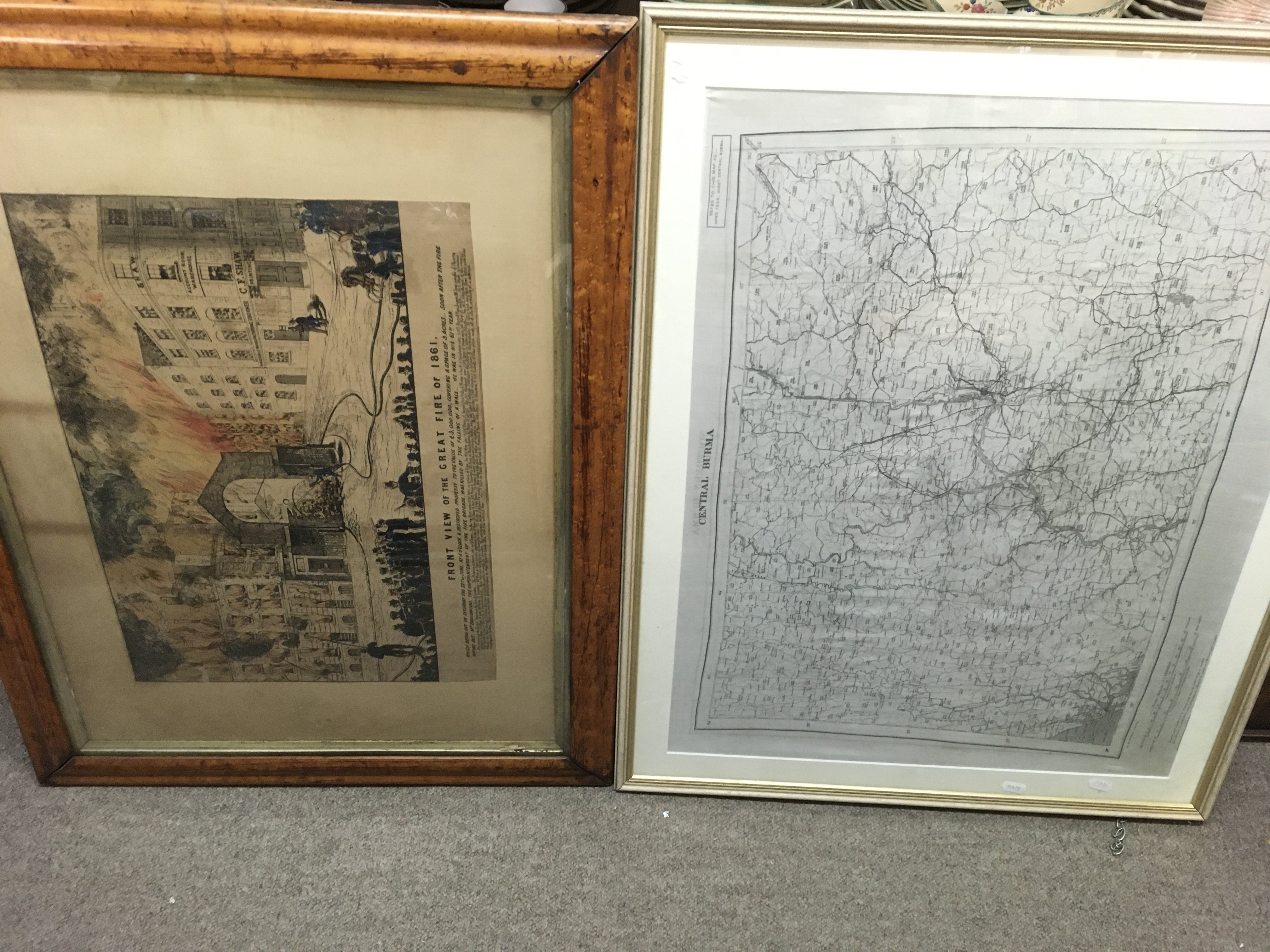 A framed map of Central Burma and the Front View o