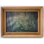 A framed fairy tail castle scene, unsigned. 44.5cm x 33cm