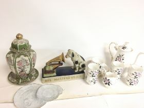 A collection of ceramics including a HMV dog porcelain figure, Royal Albert Queens Messenger cups,