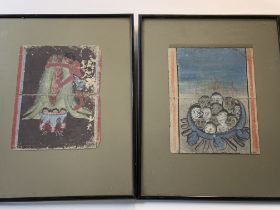 2 18th Century Thai hand painted scripture panels depicting scenes from the underworld. Framed. 47.