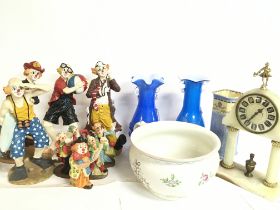 A collection of ceramics including clown figures, coloured art vases, Recta Chelsea vase, celeste