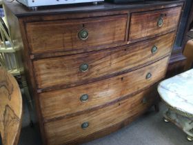 A bow fronted inlaid mahogany chest of drawers, approx 118cm x 110vm. Shipping category D.