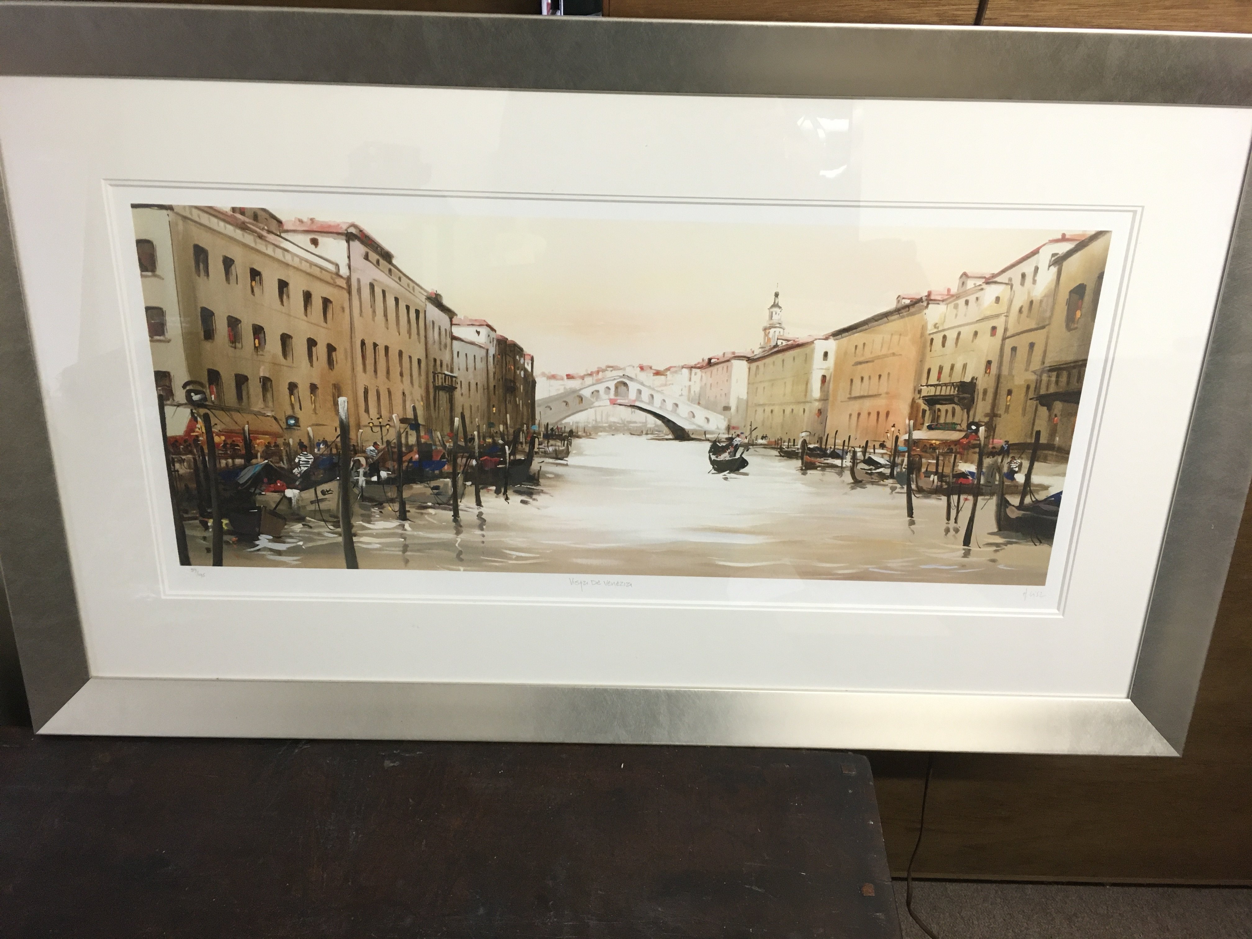 A large Framed pencil sketch view of Venice. 111x6