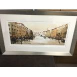 A large Framed pencil sketch view of Venice. 111x6