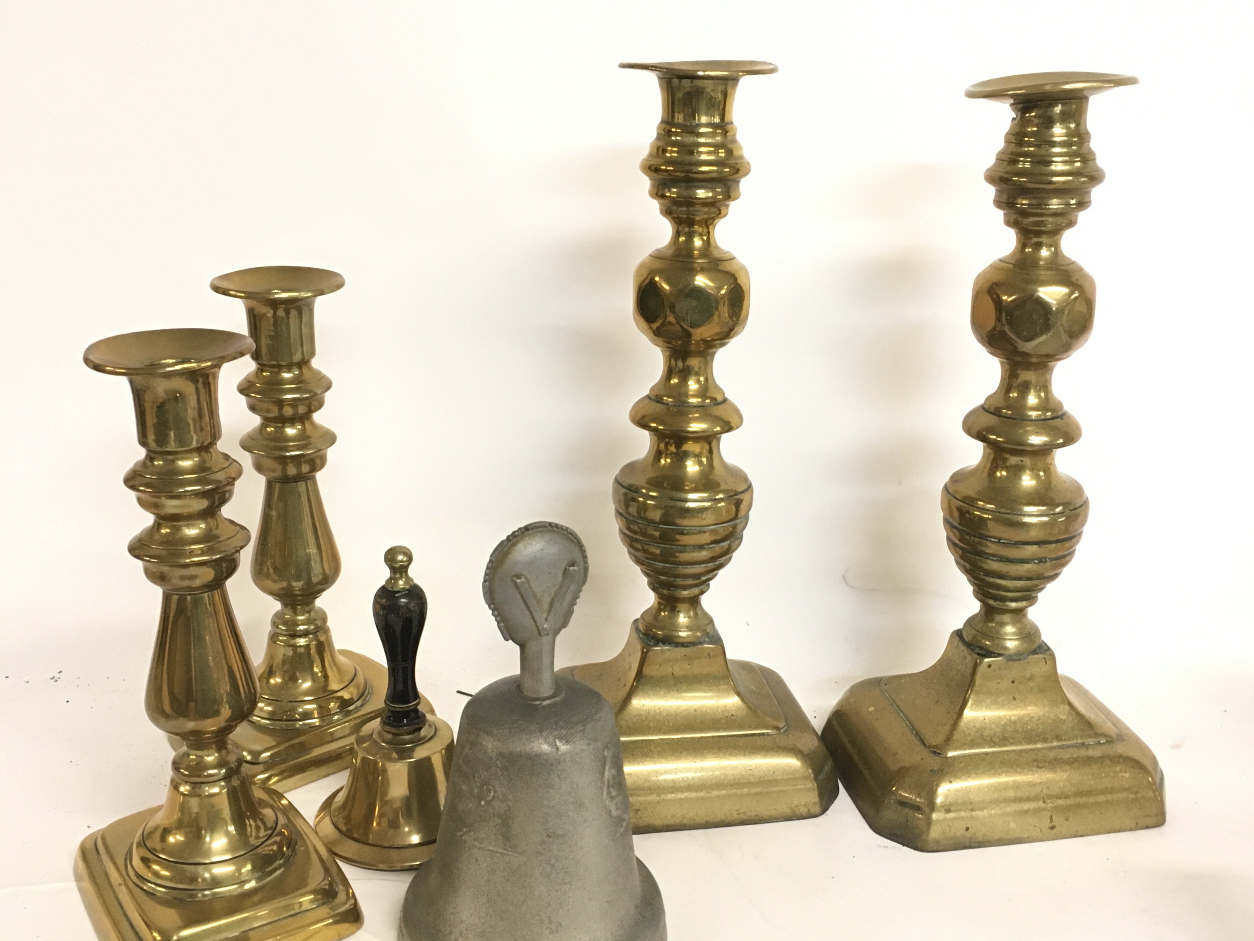 Bronze candlesticks, bells, and a Benetfink & Co s - Image 4 of 4