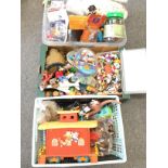 3 Boxes Containing Various Toys Including plastic Figures. Diecast. Soft Plush Etc.