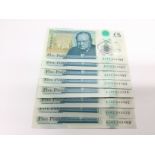 Eight Â£5 GB bank notes, mostly uncirculated. Ship