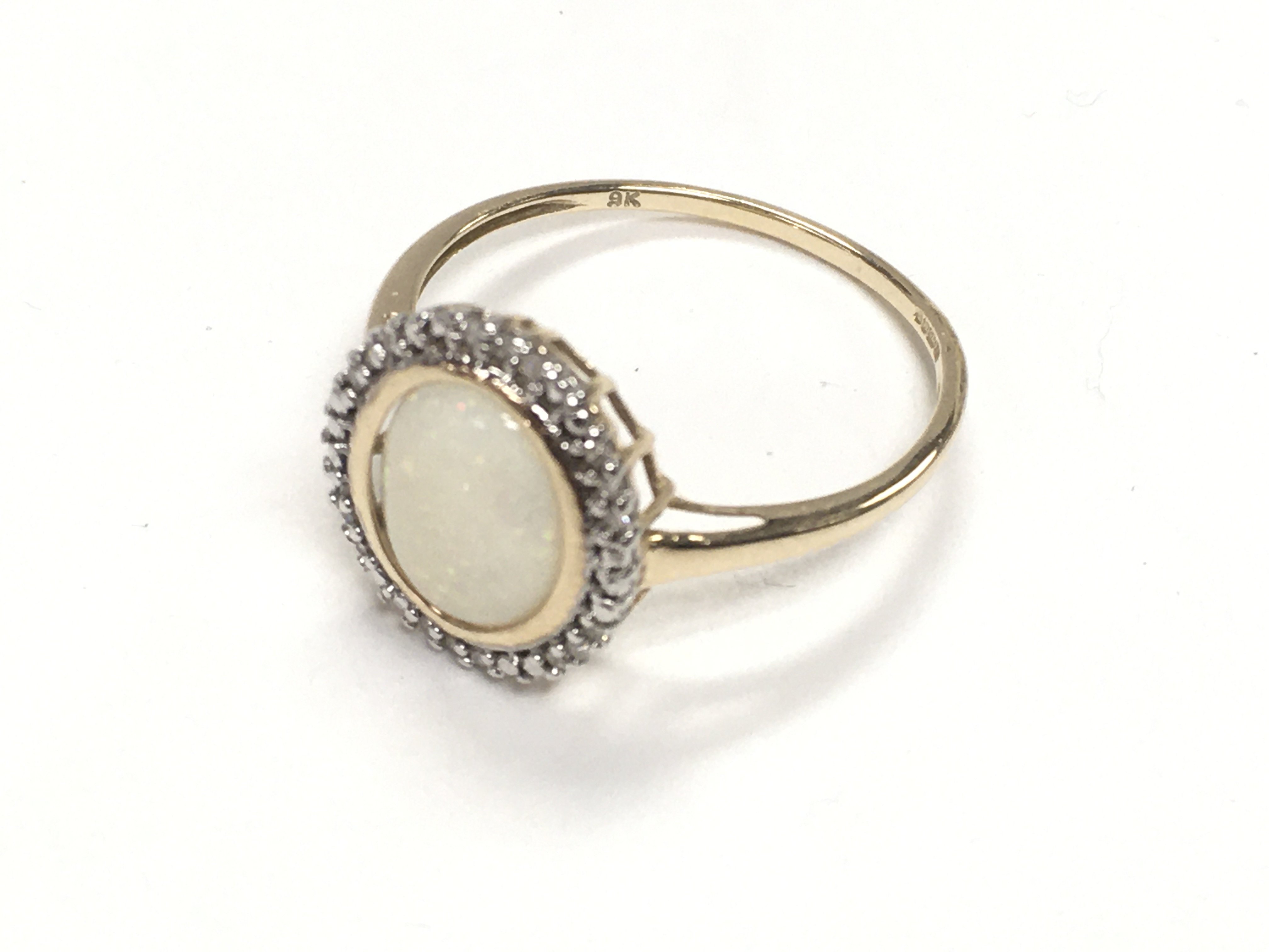 9ct yellow gold white opal and diamond ring, boxed