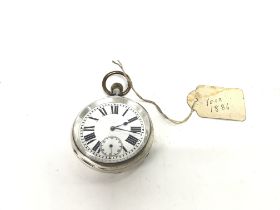 A silver open face pocket watch. Approx 50mm case.