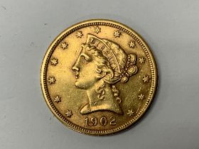 1902 $5 Liberty coin (coronet head) facing left, S