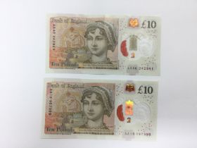Two uncirculated Â£10 GB polymer bank notes, AA46