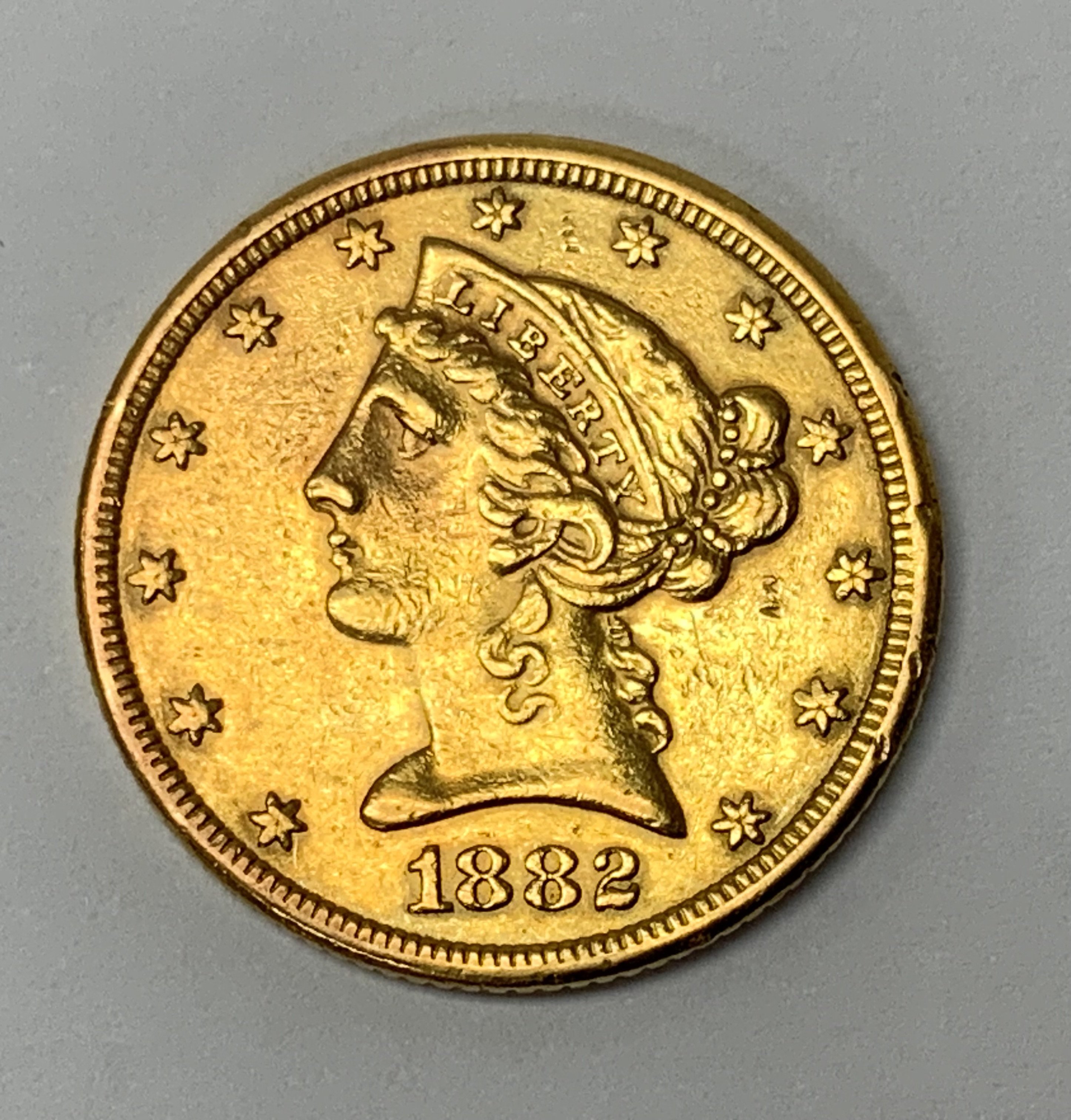 1882 $5 Liberty coin (coronet head) facing left, s