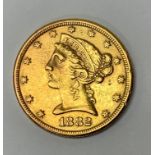 1882 $5 Liberty coin (coronet head) facing left, s