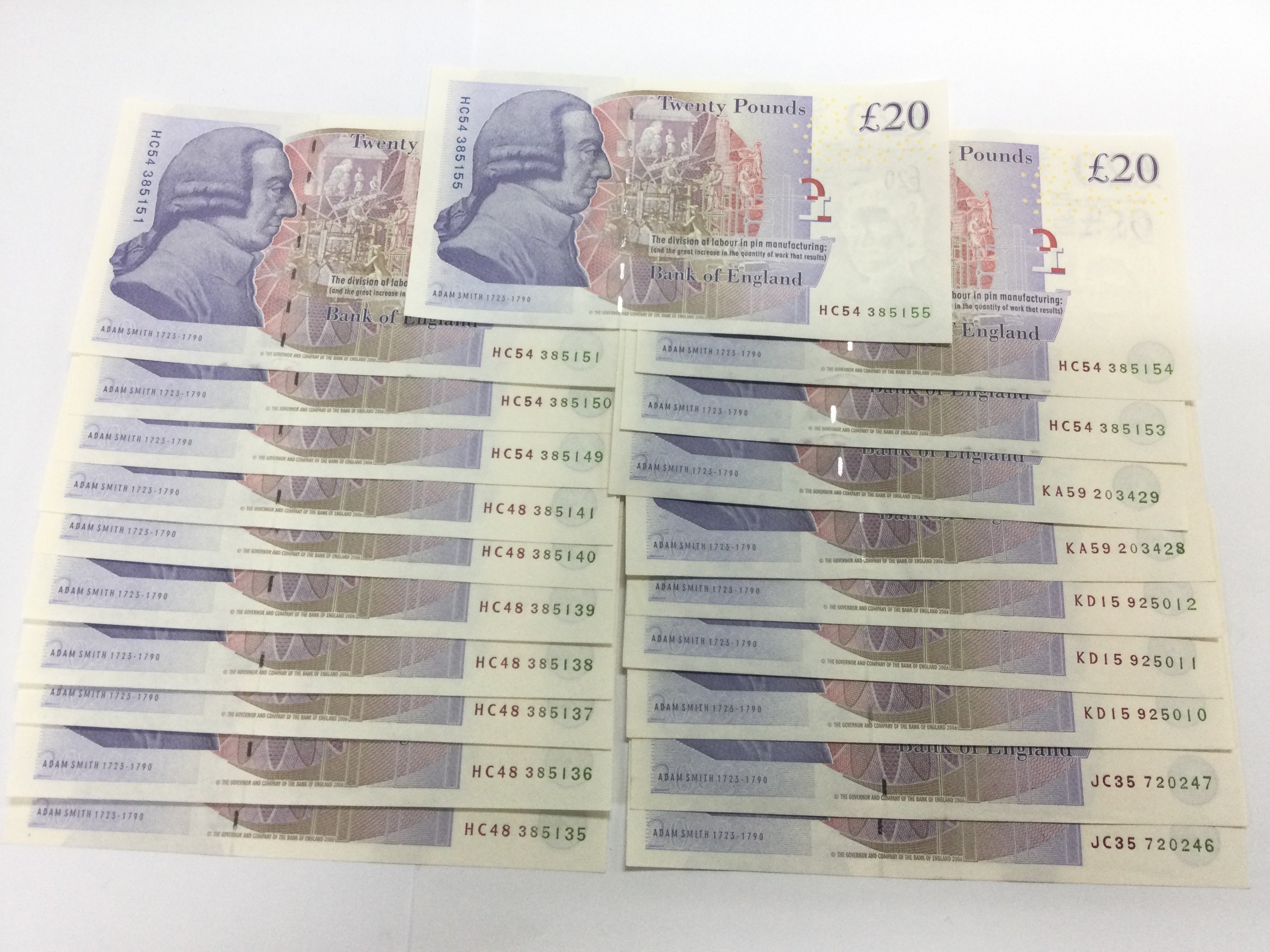 A collection of twenty uncirculated Â£20 GB bank n