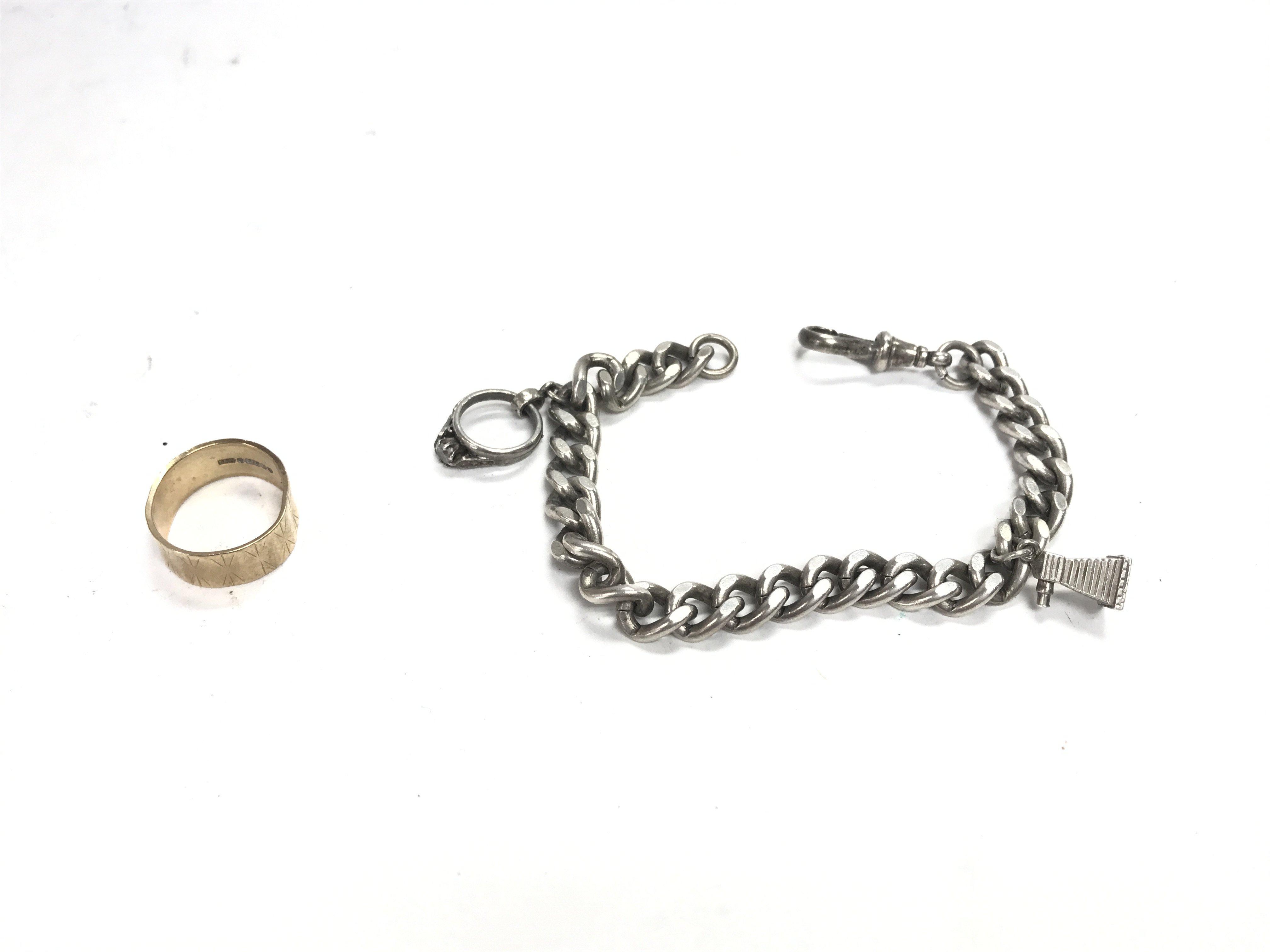 A 9ct gold band 3.7g and a silver bracelet with tw