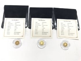 Three 24ct gold proof coins. Each 0.5g all with CO