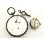 A silver cased pocket watch and a Globa watch. Pos