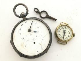 A silver cased pocket watch and a Globa watch. Pos