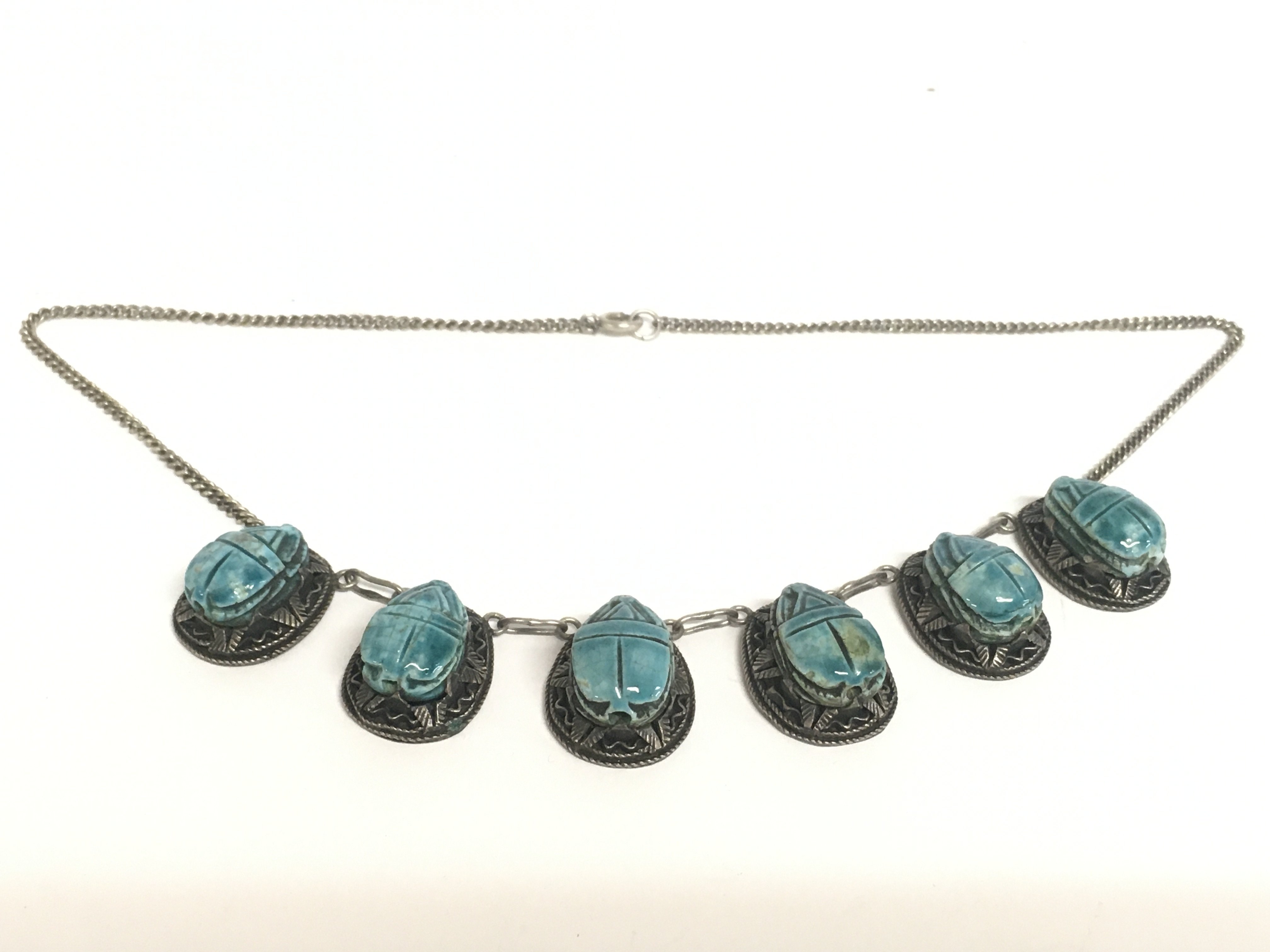 Egyptian style silver faience scarab necklace. Pos