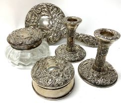 A 4pc Hallmarked silver dressing table set to include a Silver Trinket box, pair of silver