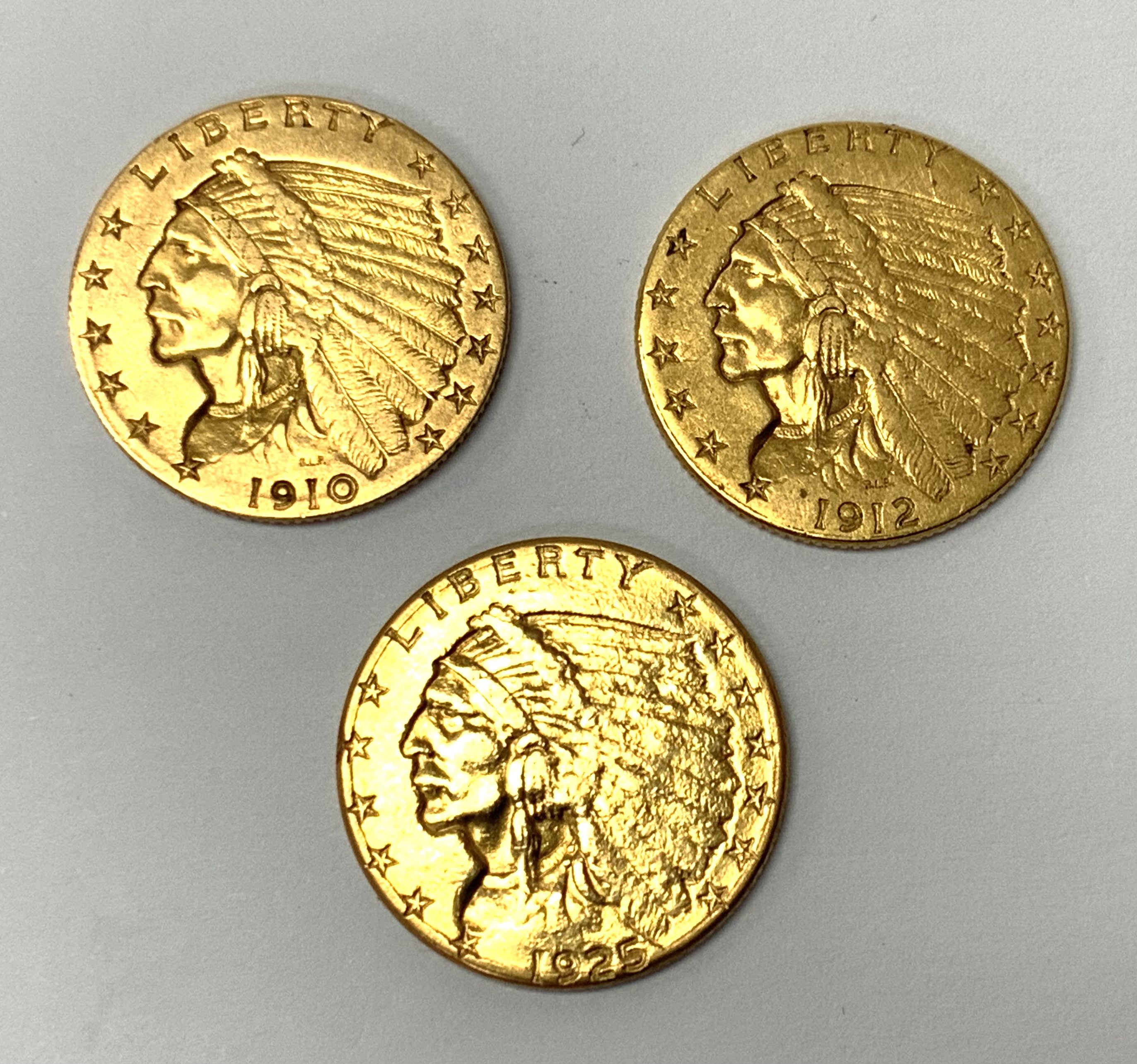 3 Indian head 2.5 dollar gold coins to include 191